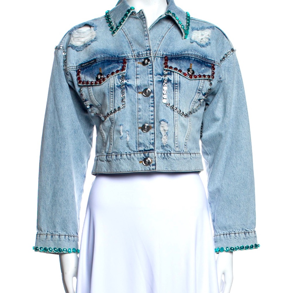 Philipp Plein Light Blue Distressed Embellished Cropped Denim Jacket